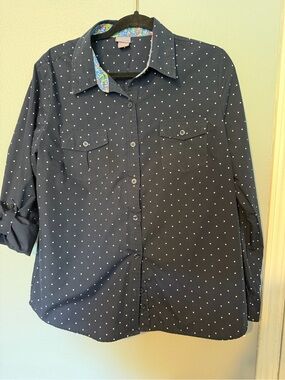 Laura Scott Navy Button-Down Shirt with White Polka Dots